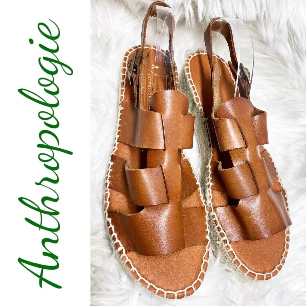 NWOT ANTHROPOLOGIE Brown Leather Platform Fisherman Sandals Espadrilles, Size 41